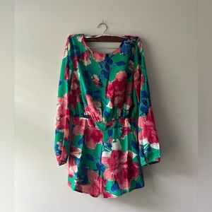 Lulu's Green Floral Long-Sleeve Romper with Pink & Blue Accents